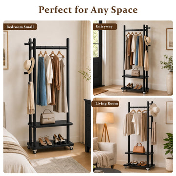 Taitiy Coat Rack Solid Wood Stand Storage 2 Shelves 4 Hooks Black