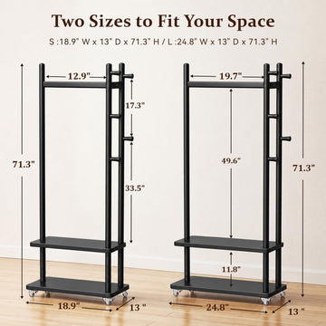 Taitiy Coat Rack Solid Wood Stand Storage 2 Shelves 4 Hooks Black