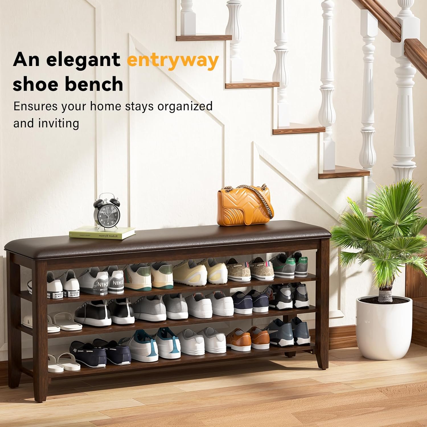 TAITIY 39.4-Inch Walnut Shoe Bench with Leather Cushion