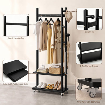 Taitiy Coat Rack Solid Wood Stand Storage 2 Shelves 4 Hooks Black