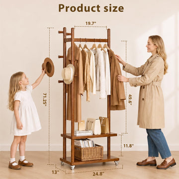 Taitiy Coat Rack Solid Wood Stand Storage 2 Shelves 4 Hooks Black