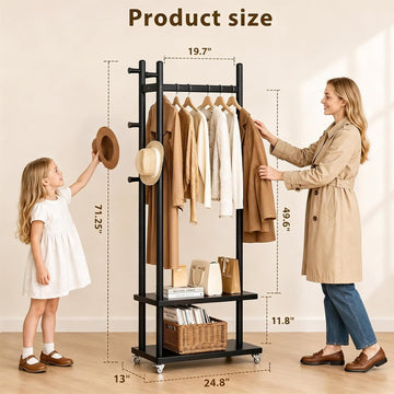 Taitiy Coat Rack Solid Wood Stand Storage 2 Shelves 4 Hooks Black