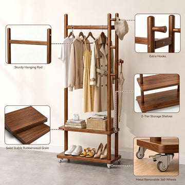 Taitiy Coat Rack Solid Wood Stand Storage 2 Shelves 4 Hooks Black
