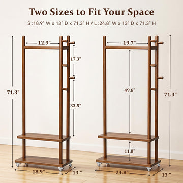 Taitiy Coat Rack Solid Wood Stand Storage 2 Shelves 4 Hooks Black