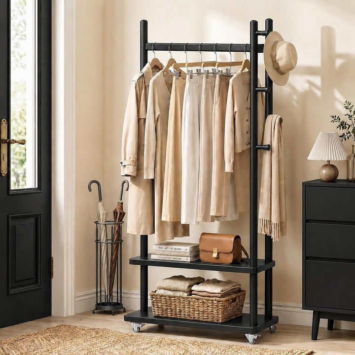 Taitiy Coat Rack Solid Wood Stand Storage 2 Shelves 4 Hooks Black