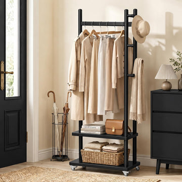 Taitiy Coat Rack Solid Wood Stand Storage 2 Shelves 4 Hooks Black