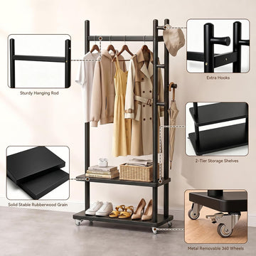 Taitiy Coat Rack Solid Wood Stand Storage 2 Shelves 4 Hooks Black