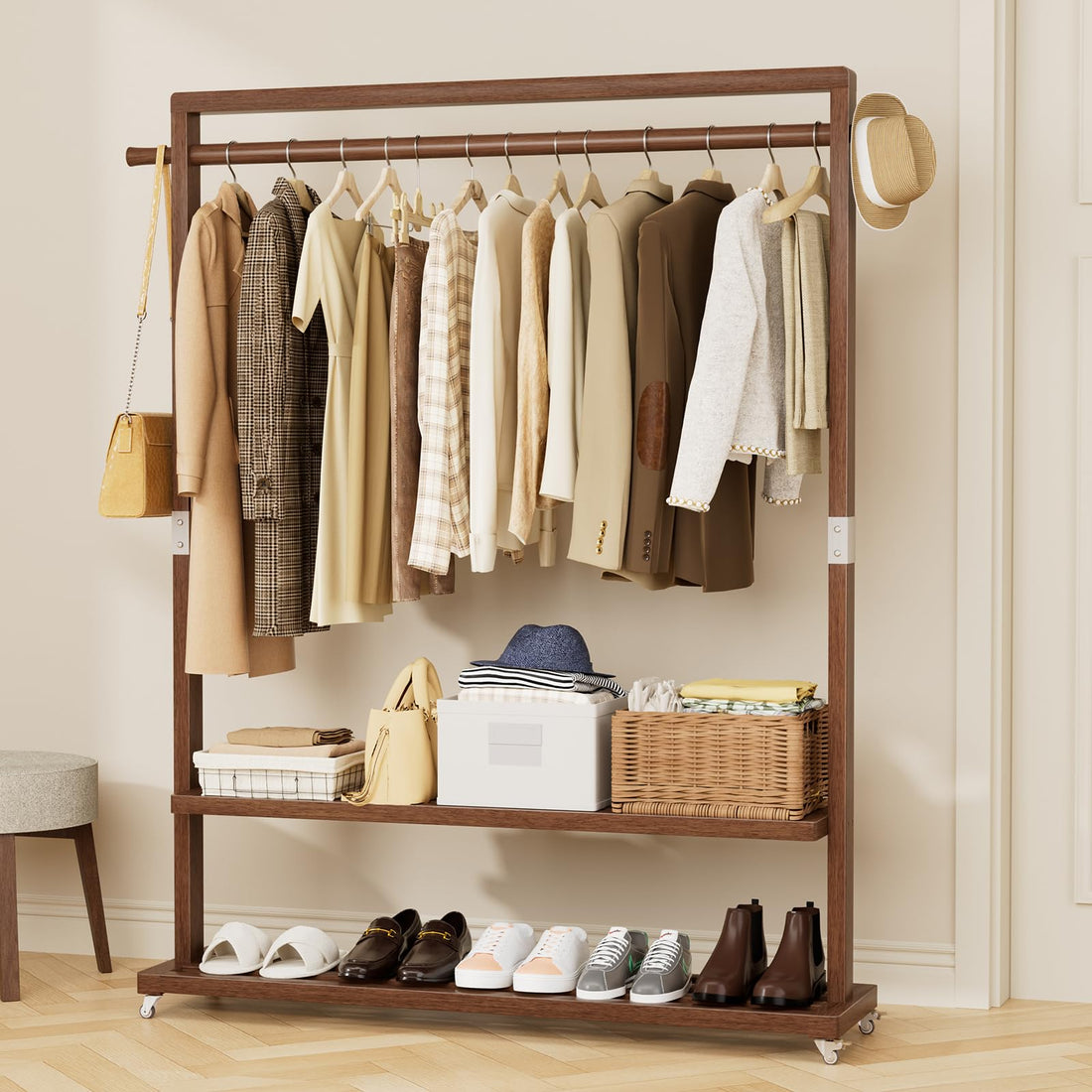 Vented Wood Clothes Rack with Lockable Wheels