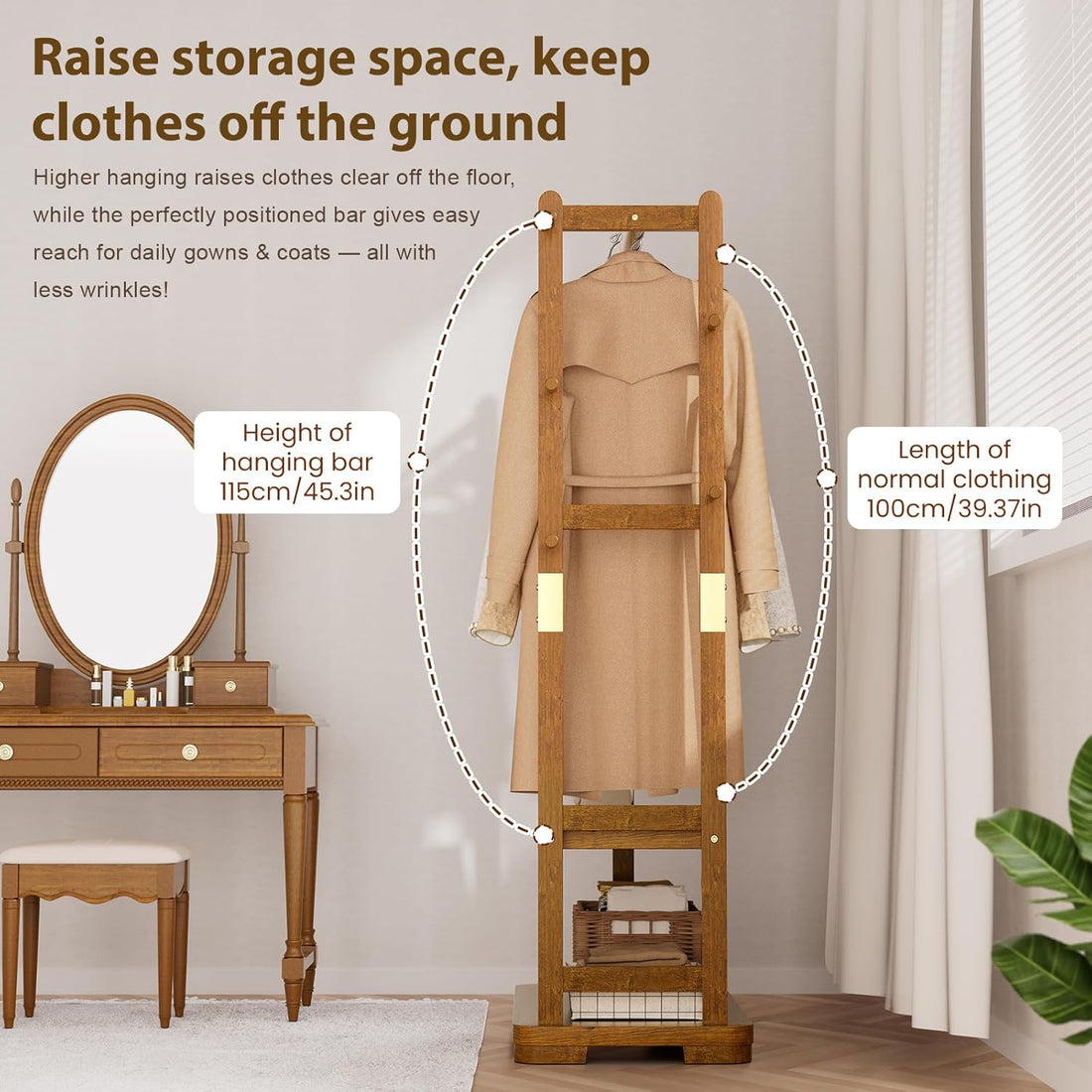 TAITIY Solid Wood Clothes Rack, 2 Shelves & 4 Hooks, Size S 18.11" Wide, Walnut Brown