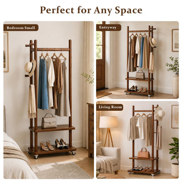 Taitiy Coat Rack Solid Wood Stand Storage 2 Shelves 4 Hooks Black