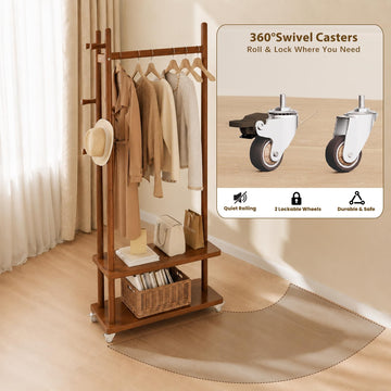 Taitiy Coat Rack Solid Wood Stand Storage 2 Shelves 4 Hooks Black