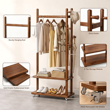 Taitiy Coat Rack Solid Wood Stand Storage 2 Shelves 4 Hooks Black