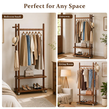 Taitiy Coat Rack Solid Wood Stand Storage 2 Shelves 4 Hooks Black