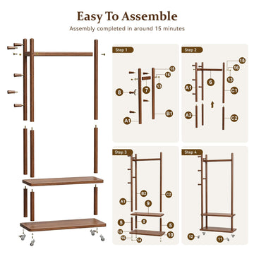 Taitiy Coat Rack Solid Wood Stand Storage 2 Shelves 4 Hooks Black