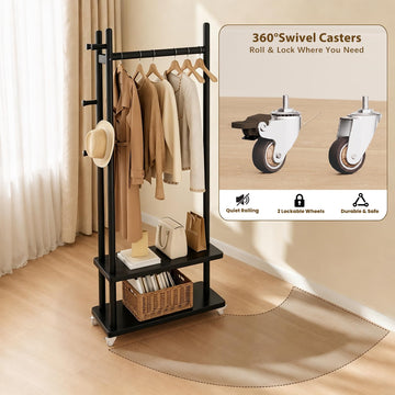 Taitiy Coat Rack Solid Wood Stand Storage 2 Shelves 4 Hooks Black
