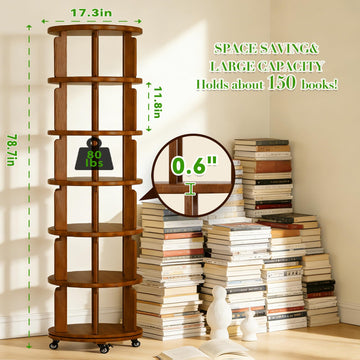 6 Tier 360° Rotating Solid Wood Bookshelf with Wheels