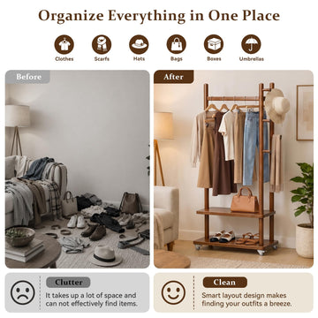 Taitiy Coat Rack Solid Wood Stand Storage 2 Shelves 4 Hooks Black