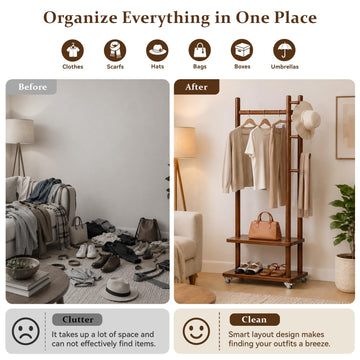 Taitiy Coat Rack Solid Wood Stand Storage 2 Shelves 4 Hooks Black
