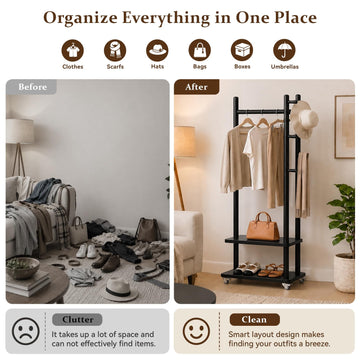 Taitiy Coat Rack Solid Wood Stand Storage 2 Shelves 4 Hooks Black