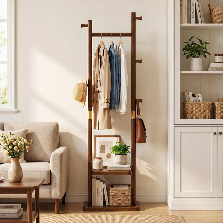 TAITIY Solid Wood Clothes Rack with 2 Shelves & 5 Hooks
