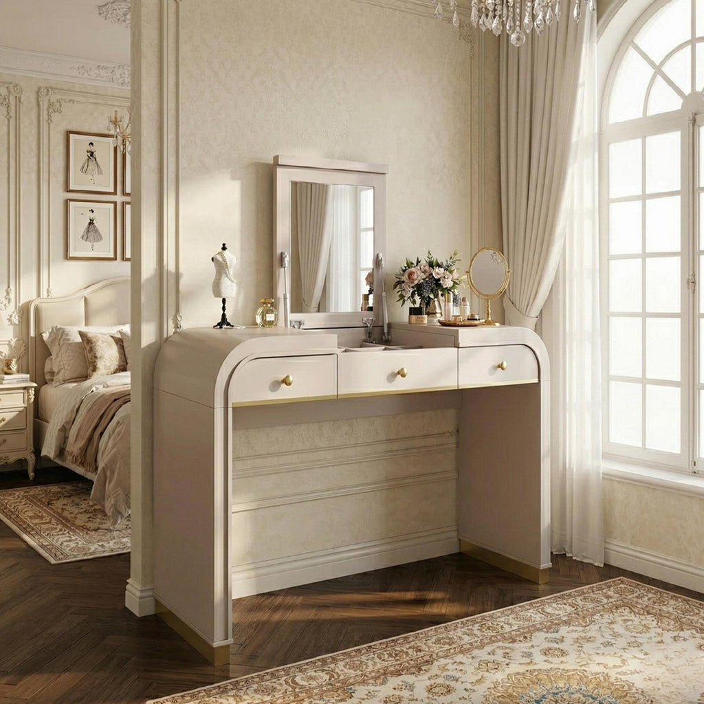 Classic Wood Vanity Desk with Flip Mirror, 3-in-1 Dressing Table with 2 Drawers and Storage Space for Bedroom, Champagne