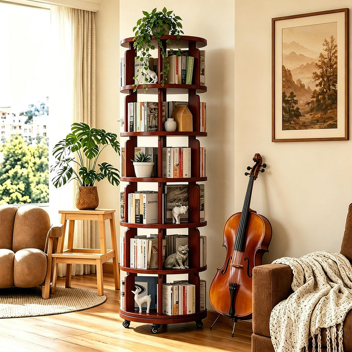6 Tier 360° Rotating Solid Wood Bookshelf with Wheels