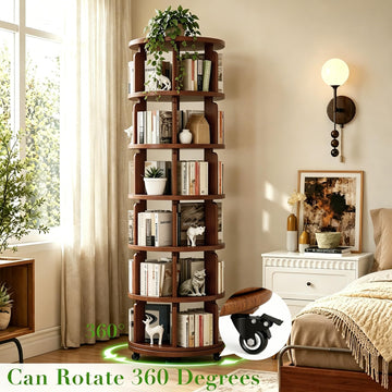 6 Tier 360° Rotating Solid Wood Bookshelf with Wheels