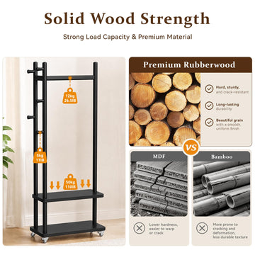 Taitiy Coat Rack Solid Wood Stand Storage 2 Shelves 4 Hooks Black