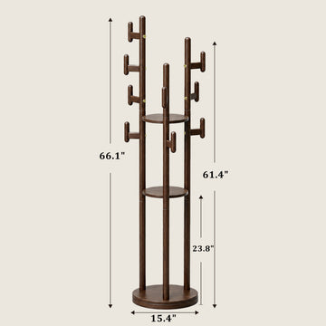 Rotary Coat Rack Solid Wood 9 Hooks & 3 Shelves