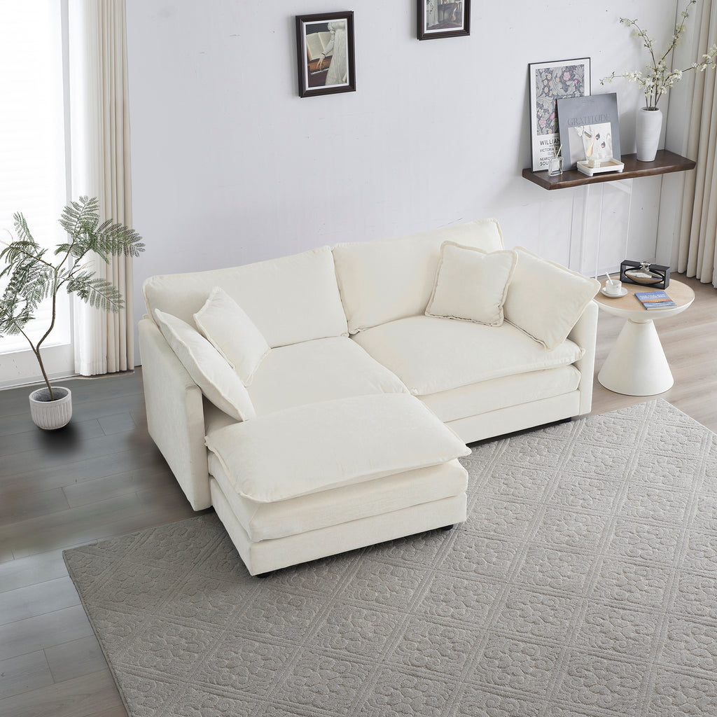 L-Shaped Modular Loveseat with Ottoman — White Chenille