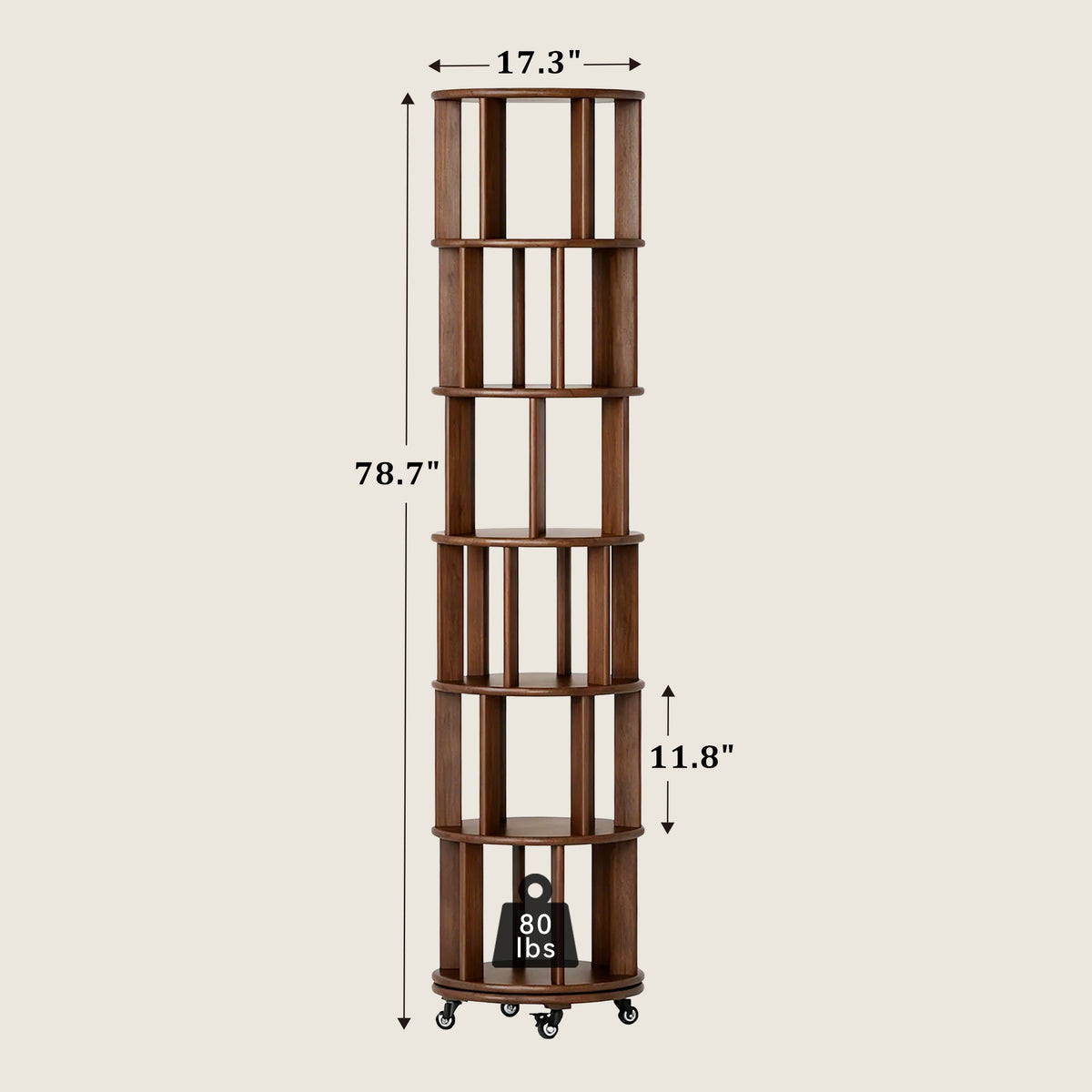 6 Tier 360° Rotating Solid Wood Bookshelf with Wheels dimensions