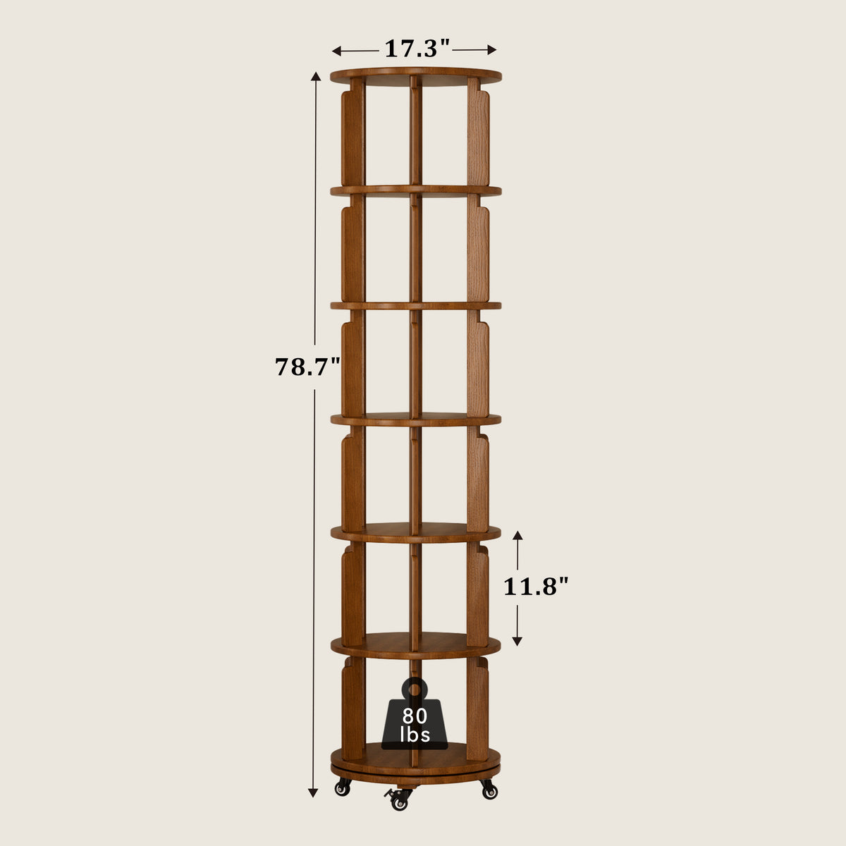 6 Tier 360° Rotating Solid Wood Bookshelf with Wheels dimensions