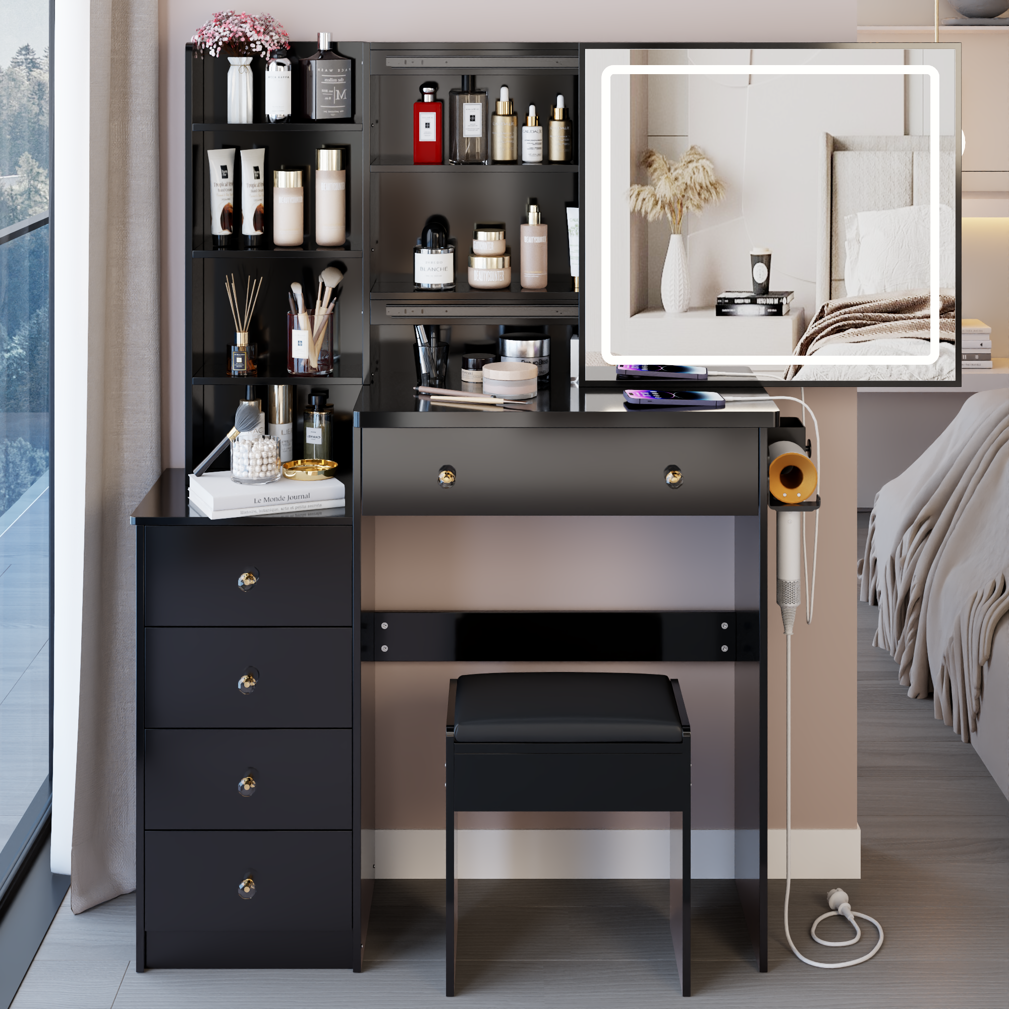 Black Vanity Desk Set with LED Mirror & Stool