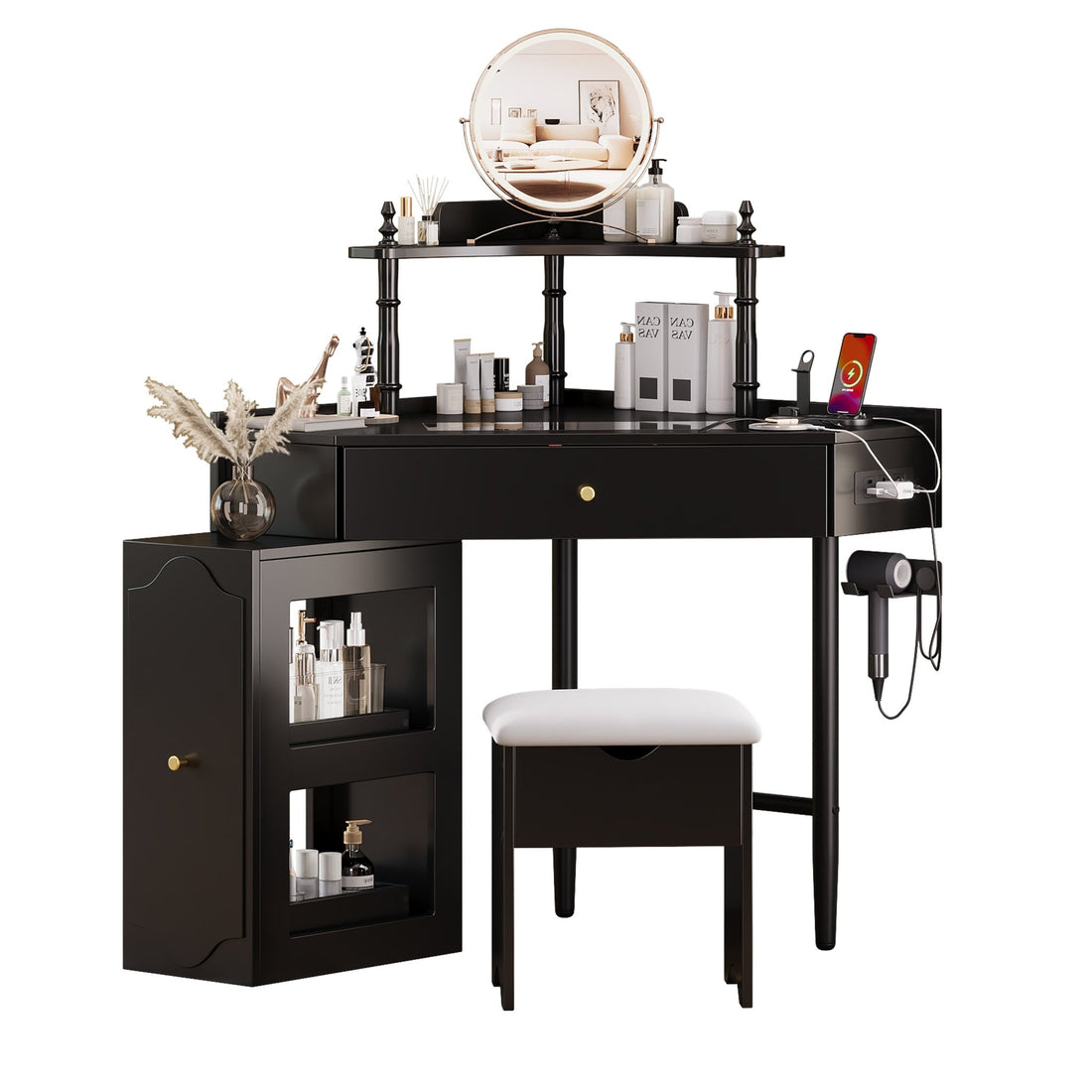 Black Corner Vanity Desk Set with Stool & Charging Station - TAITIY