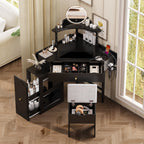 Black Corner Vanity Desk Set with Stool & Charging Station - TAITIY