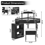 Black Corner Vanity Desk Set with Stool & Charging Station - TAITIY