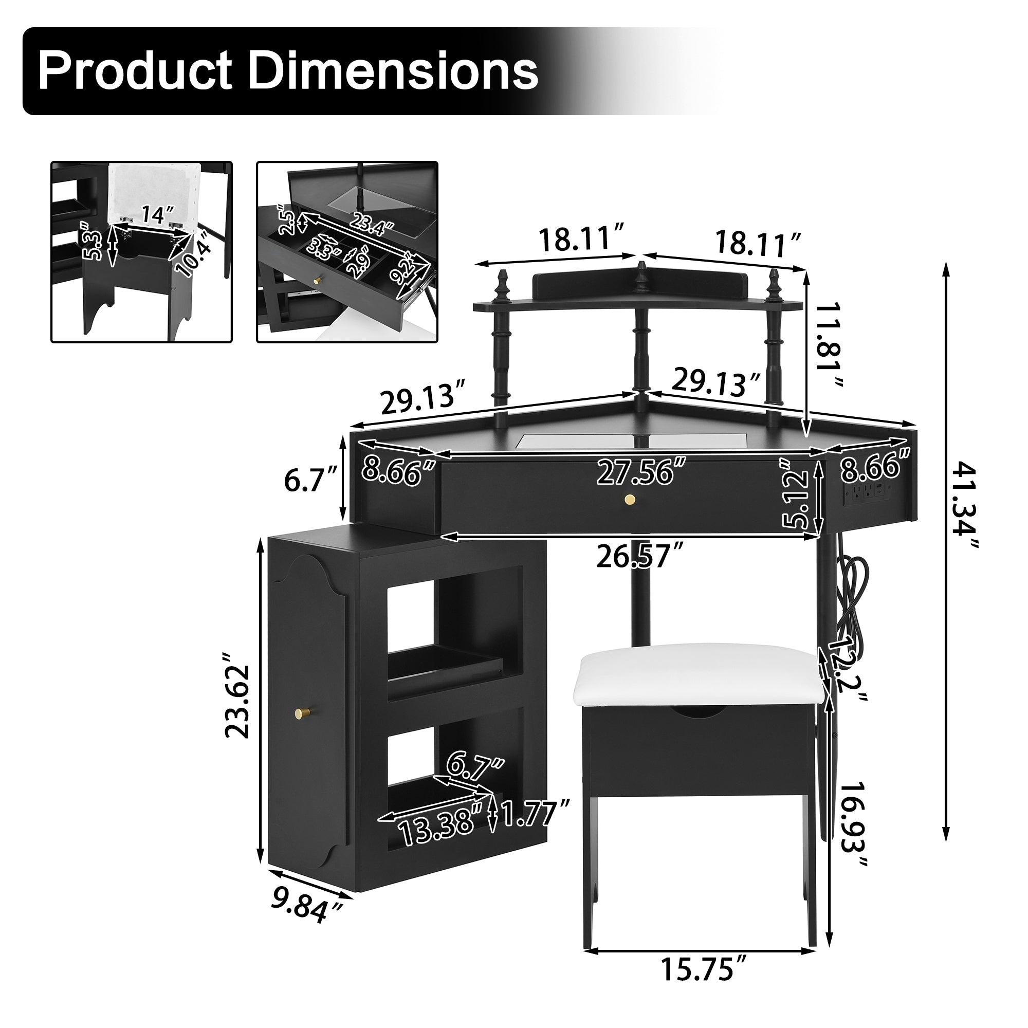 Black Corner Vanity Desk Set with Stool & Charging Station - TAITIY