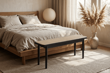 Black Oak Dining Bench with Rattan Detail – 47.2"W - TAITIY