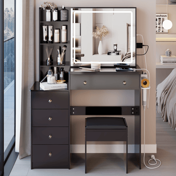 Black Vanity Desk Set with LED Mirror & Stool - TAITIY