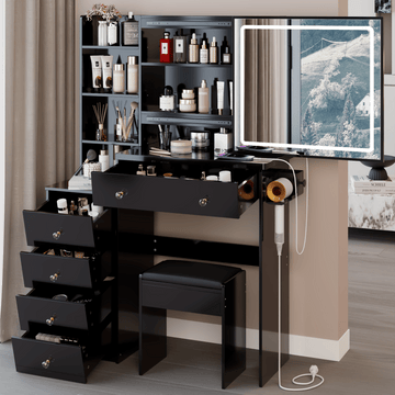 Black Vanity Desk Set with LED Mirror & Stool - TAITIY
