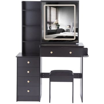 Black Vanity Desk Set with LED Mirror & Stool - TAITIY