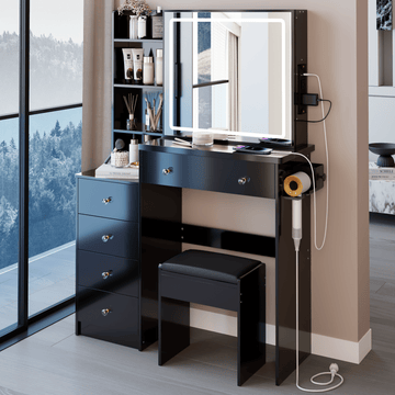 Black Vanity Desk Set with LED Mirror & Stool - TAITIY
