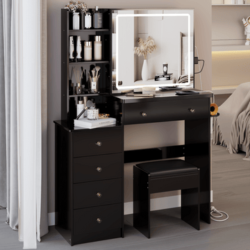 Black Vanity Desk Set with LED Mirror & Stool - TAITIY