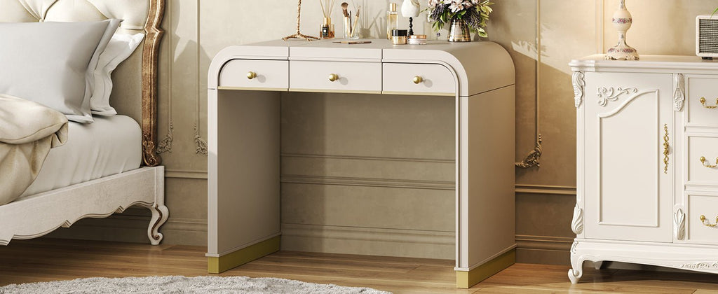 Classic Wood Vanity Desk with Flip Mirror, 3 - in - 1 Dressing Table with 2 Drawers and Storage Space for Bedroom, Champagne - TAITIY