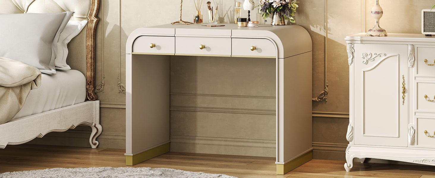 Classic Wood Vanity Desk with Flip Mirror, 3 - in - 1 Dressing Table with 2 Drawers and Storage Space for Bedroom, Champagne - TAITIY
