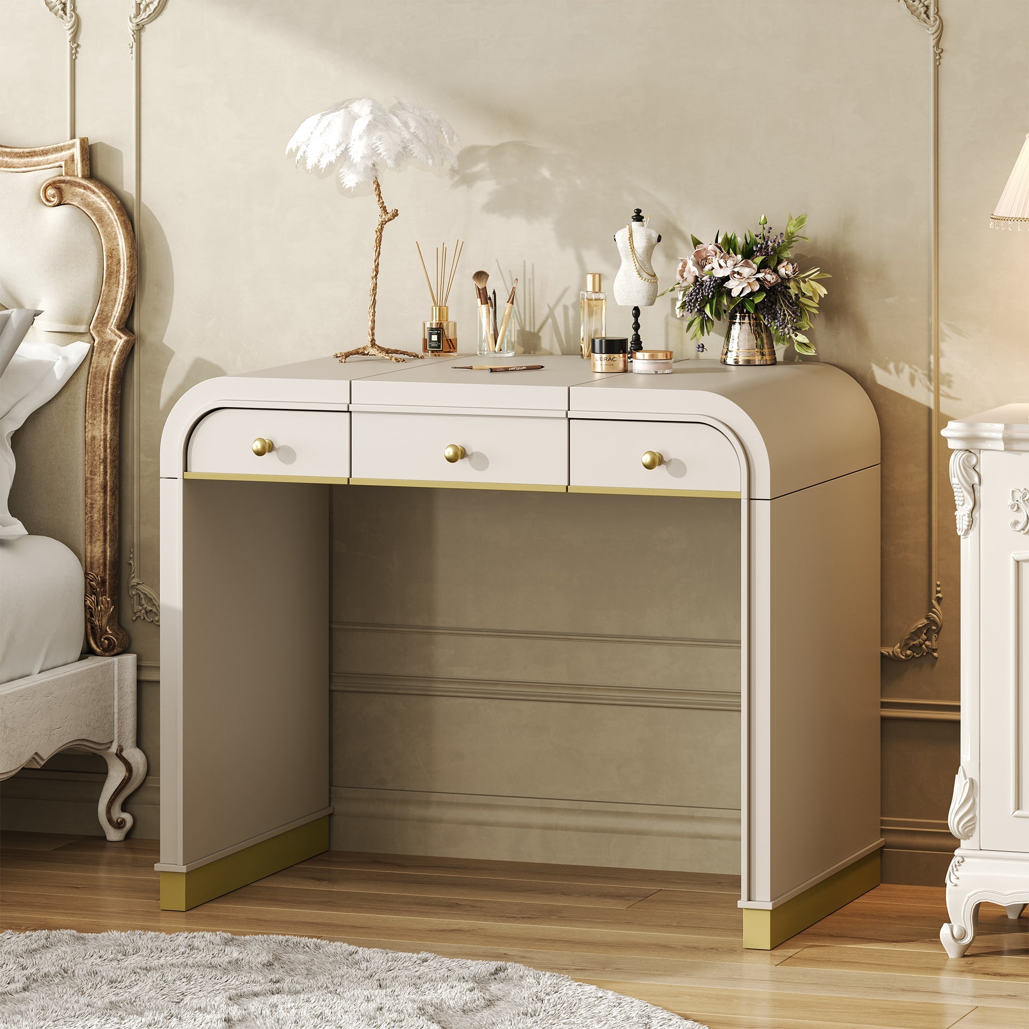 Classic Wood Vanity Desk with Flip Mirror, 3 - in - 1 Dressing Table with 2 Drawers and Storage Space for Bedroom, Champagne - TAITIY