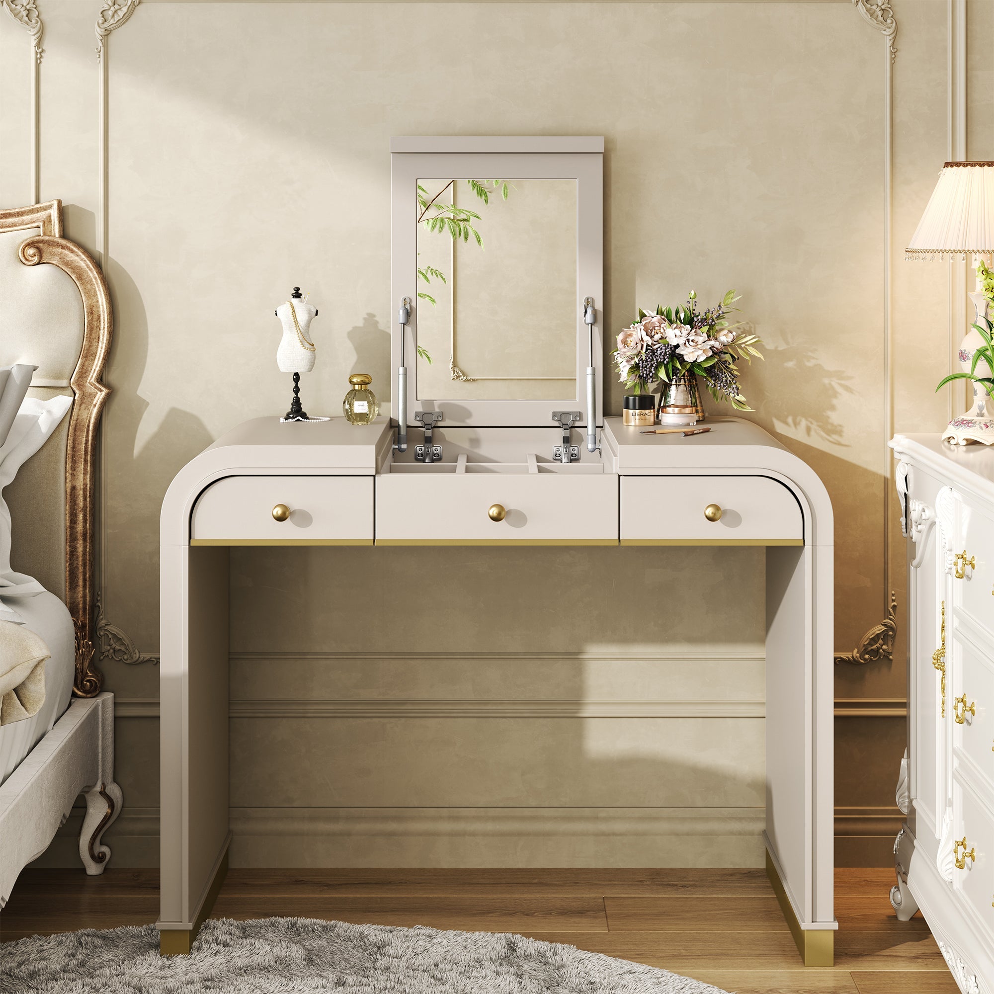 Classic Wood Vanity Desk with Flip Mirror, 3 - in - 1 Dressing Table with 2 Drawers and Storage Space for Bedroom, Champagne - TAITIY