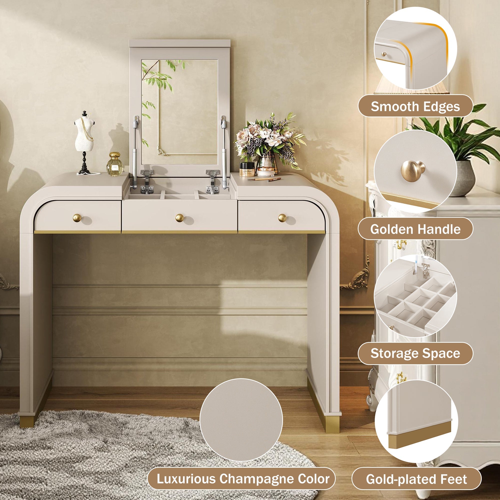 Classic Wood Vanity Desk with Flip Mirror, 3 - in - 1 Dressing Table with 2 Drawers and Storage Space for Bedroom, Champagne - TAITIY