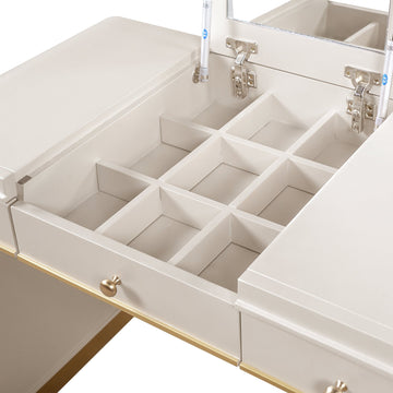 Classic Wood Vanity Desk with Flip Mirror, 3 - in - 1 Dressing Table with 2 Drawers and Storage Space for Bedroom, Champagne - TAITIY