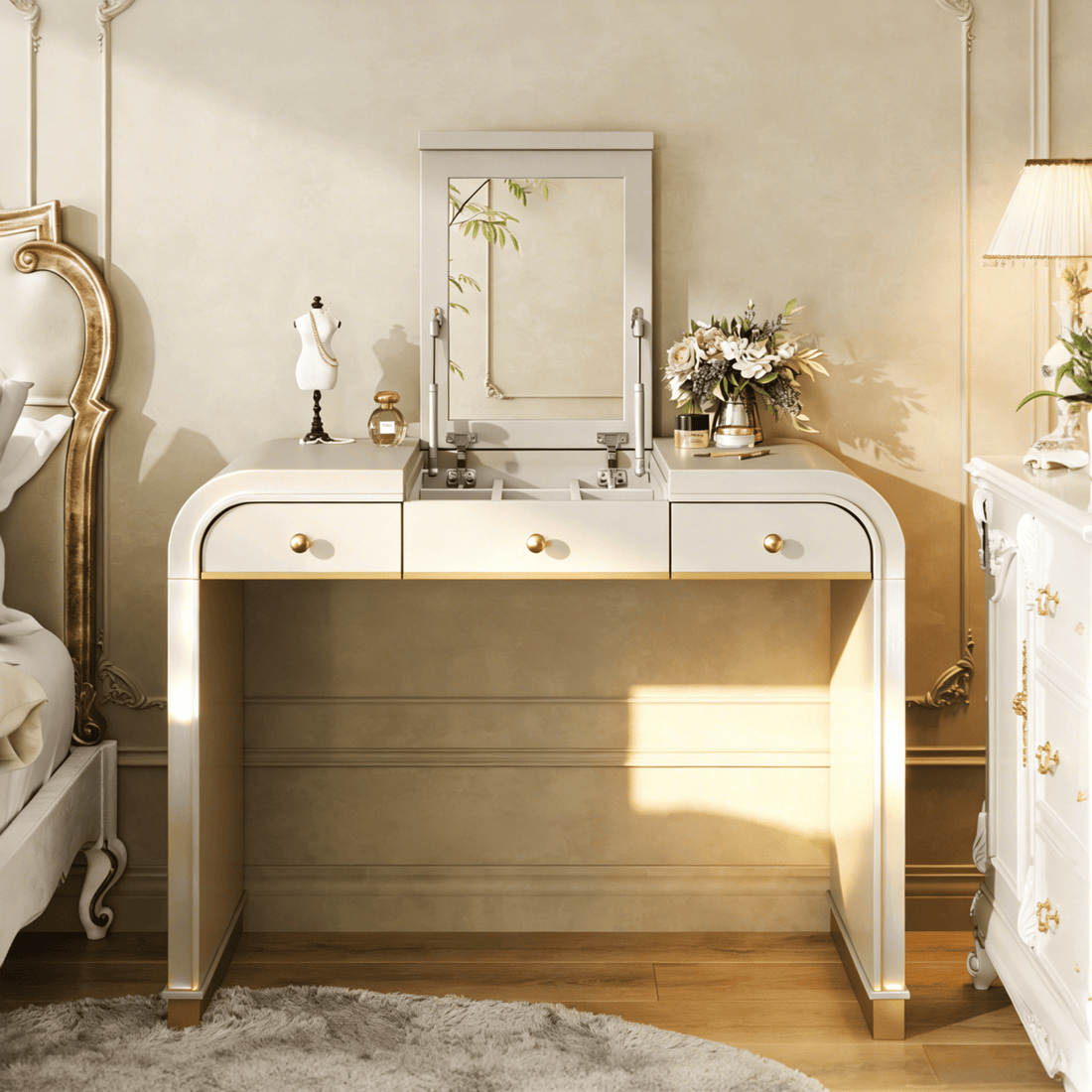 Classic Wood Vanity Desk with Flip Mirror, 3 - in - 1 Dressing Table with 2 Drawers and Storage Space for Bedroom, Champagne - TAITIY